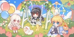 1boy 2girls absurdres balloon black_hair blonde_hair blue_eyes chibi children&#039;s_day cloud cup drink ferris_wheel highres holding holding_balloon holding_cup lee_(pgr) liv_(pgr) lucia_(pgr) multicolored_hair multiple_girls on_ground on_swing outdoors picnic picnic_basket picnic_blanket pink_eyes punishing:_gray_raven rainbow red_eyes red_streaks sheep sitting smile stuffed_animal stuffed_frog stuffed_toy swing swinging_on_swing ting_zhi_yue two-tone_hair white_hair