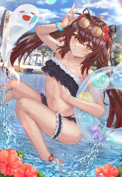 1girl 1other bare_shoulders bikini black_bikini blush boo_tao_(genshin_impact) breasts brown_hair candy eyewear_on_head flower flower-shaped_pupils food genshin_impact hair_between_eyes hair_flower hair_ornament highres holding holding_candy holding_food holding_lollipop hu_tao_(genshin_impact) lollipop long_hair looking_at_viewer navel off_shoulder orange-framed_eyewear orange_eyes red_eyes red_flower river slime_(genshin_impact) small_breasts smile stomach swimsuit symbol-shaped_pupils teeth twintails upper_body very_long_hair water yumio_(yumio_suzu)