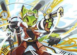 1girl abstract_background animal_ears cat_ears cat_tail corazon_tea dynamic_pose eyelashes fingerless_gloves freedom_planet freedom_planet_2 furry galaxytrail gloves goggles goggles_on_head green_eyes gun jacket looking_at_viewer official_art open_clothes open_jacket open_mouth pants piano_keys ship ship&#039;s_wheel shirt steering_wheel tail tyson_tan watercraft weapon yellow_eyes
