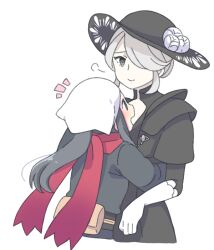 2girls age_difference akari_(pokemon) black_hair black_hat closed_mouth cogita_(pokemon) galaxy_expedition_team_survey_corps_uniform gloves grey_eyes grey_hair hair_over_one_eye hat long_hair looking_at_another multiple_girls natsuha_(728_24) nintendo old old_woman open_mouth pokemon pokemon_legends:_arceus puff_of_air red_scarf scarf short_hair white_background white_gloves yuri