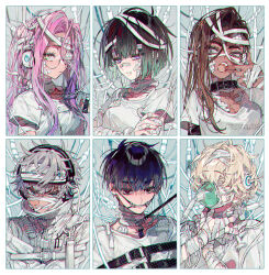 Rule 34 | 3boys, 3girls, alien stage, aqua eyes, bandaged hand, bandages, bandaid, bandaid on face, bandaid on nose, black eyes, black hair, blindfold, blonde hair, brown hair, cable, commentary, dark-skinned female, dark skin, dress, earphones, finger to mouth, gauze, gauze on cheek, glasses, grey eyes, grey hair, hands on own neck, headphones, hospital gown, hyuna (alien stage), ivan (alien stage), long hair, looking at viewer, luka (alien stage), mizi (alien stage), multiple boys, multiple girls, open mouth, oxygen mask, pink hair, portrait, purple eyes, red pupils, sapphire (nine), shirt, sua (alien stage), symbol-only commentary, till (alien stage), watermark, white shirt, yellow eyes