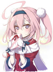 1girl absurdres ahoge akazawa_red azur_lane christmas coat fur-trimmed_coat fur-trimmed_mittens fur-trimmed_shirt fur_trim gift hair_ornament hairband highres holding holding_gift long_hair looking_at_viewer mittens pink_hair pom_pom_(clothes) pom_pom_hair_ornament purple_eyes red_coat santa_costume saratoga_(azur_lane) saratoga_(silent_night_songstress)_(azur_lane) shirt solo twintails white_mittens winter_clothes winter_coat