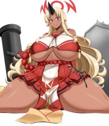 1girl absurdres bare_shoulders blonde_hair blue_archive breasts cheerleader closed_mouth collarbone covered_navel crop_top dark-skinned_female dark_skin halo highres horns huge_breasts long_hair looking_at_viewer monster_musume_no_iru_nichijou pleated_skirt pointy_ears red_eyes red_skirt revealing_clothes shiny_skin simple_background single_horn sitting skirt smile solo spread_legs thick_thighs thighs tionishia tsubaki_(blue_archive) underboob virusotaku white_background