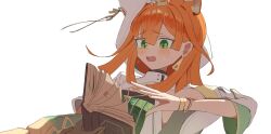 Rule 34 | 1girl, animal ears, arknights, blush, book, cat ears, cat girl, chiake draw, dress, earrings, fang, gloves, green dress, green eyes, highres, holding, holding book, hood, jewelry, medium hair, open mouth, orange hair, papyrus (arknights), simple background, single glove, solo, upper body, white background