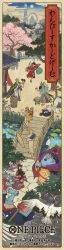 Rule 34 | 2girls, 6+boys, bird, black hair, blonde hair, blue hair, blue kimono, blue skin, bottle, bridge, brook (one piece), castle, cherry blossoms, chonmage, cloud, colored skin, commentary request, copyright name, dango, facial hair, food, franky (one piece), goatee, green hair, hair ornament, hakama, half updo, highres, holding, holding bottle, holding umbrella, japanese clothes, jinbe (one piece), kanzashi, kimono, lily pad, monkey d. luffy, multiple boys, multiple girls, nami (one piece), nami (one piece) (wano), nico robin, nico robin (wano), official art, one piece, one piece card game, orange kimono, otton, ponytail, red kimono, red sash, roronoa zoro, sanji (one piece), sash, sharp teeth, short hair, skeleton, sky, sword, teeth, tony tony chopper, topknot, translation request, umbrella, usopp, wagashi, weapon