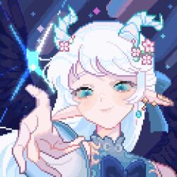Rule 34 | 1girl, animated, animated gif, aqua eyes, blinking, commentary, commission, earrings, english commentary, eyebrows hidden by hair, flower, hair flower, hair ornament, highres, horns, jewelry, looping animation, mimpish, original, pixel art, pointy ears, portrait, reaching, reaching towards viewer, single earring, solo, white hair, wide sleeves, wings