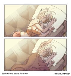 1boy 1girl 2koma absurdres antenna_hair artist_name blanket blonde_hair brainrot_girlfriend luvvy_gronk breasts brown_camisole camisole character_name cleavage closed_eyes closed_mouth cold comic couch crop_top from_above head_on_pillow headpat highres large_breasts lying navel on_couch on_side open_mouth pillow senukin short_hair silent_comic sleeping smile solo_focus trembling twitter_username under_covers