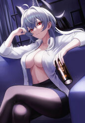 1girl absurdres black_horns black_pantyhose black_skirt breasts can closed_mouth commentary crossed_legs curled_horns drink_can grey_hair hand_up highres holding holding_can horns indoors large_breasts long_hair navel no_bra open_clothes open_shirt pantyhose red_eyes sglike365 shirt sitting skirt solo stomach white_shirt wuthering_waves zani_(wuthering_waves)