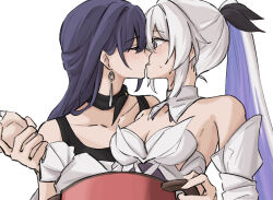 2girls blush breasts cleavage collar commentary cooking_pot detached_collar dress high_ponytail holding_another&#039;s_wrist honkai_(series) honkai_impact_3rd kiana_kaslana kiana_kaslana_(apho) kiana_kaslana_(herrscher_of_finality) kiss long_hair multicolored_hair multiple_girls ponytail purple_hair raiden_mei raiden_mei_(apho) strapless strapless_dress syonosuke9573 two-tone_hair white_collar white_dress white_hair yuri