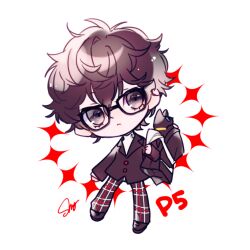 1boy amamiya_ren bag black_eyes brown_footwear brown_hair cat chibi chibi_only eyelashes glasses highres holding holding_bag jacket male_focus messy morgana_(cat)_(persona_5) morgana_(persona_5) no_nose pants persona persona_5 plaid_clothes plaid_pants shimogu short_hair signature solo