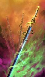 commentary fate/grand_order fate_(series) fire glint green_fire lasengle light_particles no_humans official_art orange_background still_life sword third-party_source weapon weapon_focus