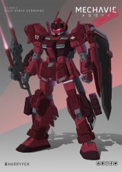 Rule 34 | assault visor, clenched hand, commentary, commission, english commentary, gundam, gundam side story: missing link, harryych, highres, holding, holding polearm, holding weapon, mecha, mecha focus, mixed-language commentary, mobile suit, no humans, pale rider (mobile suit), polearm, red eyes, redesign, robot, shadow, shield, solo, standing, weapon