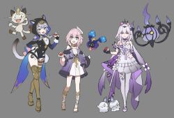 Rule 34 | 3girls, animal ears, black leotard, blue eyes, boots, breasts, castorice (honkai: star rail), cat ears, cat girl, cat tail, character request, cipher (honkai: star rail), coat, commentary, cyrene (honkai: star rail), dress, flower, gen 1 pokemon, gold boots, grey background, grey hair, hair flower, hair ornament, highres, holding, holding poke ball, honkai: star rail, honkai (series), leotard, long hair, medium hair, meowth, multicolored hair, multiple girls, nintendo, pantyhose, papajay (jennygin2), pink hair, poke ball, pokemon, pokemon (creature), purple coat, purple eyes, purple hair, simple background, symbol-only commentary, tail, thigh boots, thighs, tiara, two-tone hair, white dress, white hair, white pantyhose
