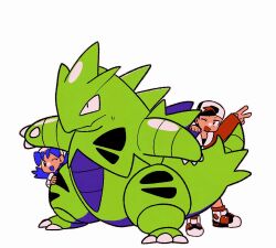 1boy 1girl ;d arm_up blue_hair ethan_(pokemon) gen_2_pokemon hat jacket kris_(pokemon) nintendo one_eye_closed open_mouth peeking_out pokemon pokemon_(creature) pokemon_gsc red_jacket red_socks shoes simple_background smile socks standing twintails tyako_089 tyranitar v white_background white_hat white_jacket