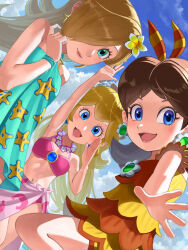 3girls aqua_dress aqua_eyes bare_arms bare_shoulders blonde_hair blue_eyes blue_sky bow breasts brooch brown_hair cleavage crescent_print dress dress_swimsuit earrings eyewear_on_head flipped_hair flower flower_brooch flower_earrings flower_necklace ribbon_baton hair_over_one_eye halter_dress halterneck jewelry long_hair mario_(series) mario_kart mario_kart_tour medium_breasts medium_hair midriff moon_print multiple_girls necklace nintendo official_alternate_costume one-piece_swimsuit orange_bow orange_headwear orange_one-piece_swimsuit orange_ribbon orange_shorts parted_bangs princess_daisy princess_daisy_(swimwear)_(mario_kart_tour) princess_peach princess_peach_(swimwear) print_sarong ribbon rosalina rosalina_(swimwear) sarong shorts sky sleeveless sleeveless_dress small_breasts sphere_earrings star_(symbol) star_earrings star_print super_mario_odyssey swimsuit two-tone_bow white-framed_eyewear white_sarong yuuma_rimi