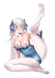 1girl absurdres armpit_crease bairimeng bare_shoulders blue_leotard blue_wrist_cuffs blush breasts cleavage closed_mouth collarbone colored_eyelashes commentary_request covered_navel grey_eyes hair_rings highleg highleg_leotard highres jinhsi_(wuthering_waves) large_breasts leg_grab leg_up leotard long_hair looking_at_viewer pantyhose simple_background smile soles solo strapless strapless_leotard white_background white_hair white_pantyhose wrist_cuffs wuthering_waves