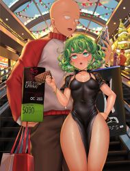 2boys 2girls absurdres bare_legs black_dress breasts christmas commentary crossover curly_hair dress english_commentary fern_(sousou_no_frieren) game_console green_eyes green_hair highres long_hair looking_at_another multiple_boys multiple_girls one-punch_man playstation_5 purple_hair rkrk12 saitama_(one-punch_man) short_hair small_breasts sousou_no_frieren stark_(sousou_no_frieren) tatsumaki thighs