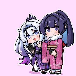 +_+ 2girls :d black_gloves black_hairband black_sandals blue_eyes blue_hair blush chibi closed_mouth commentary_request floral_print gloves gradient_hair grey_hair hair_between_eyes hair_intakes hairband highres honkai_(series) honkai_impact_3rd japanese_clothes kiana_kaslana kimono long_hair long_sleeves looking_at_viewer mokkyo_(motkyo) multicolored_hair multiple_girls obi open_mouth outline pink_background pink_kimono ponytail purple_eyes purple_hair purple_kimono raiden_mei sandals sash simple_background smile socks standing tabi two-tone_hair v very_long_hair white_outline white_socks wide_sleeves zouri