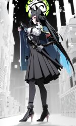 1girl absurdres aer007580 animal_ears black_gloves black_hair black_necktie black_pantyhose black_shoes black_skirt blunt_bangs cape collared_shirt commentary english_commentary fox_ears fox_girl from_side full_body gauntlets gloves green_cape high-waist_skirt high_heels highres holding holding_sword holding_weapon hoshimi_miyabi katana long_hair looking_down necktie pantyhose pleated_skirt red_eyes sheath shirt shirt_tucked_in shoes skirt solo standing sword unsheathing weapon white_shirt zenless_zone_zero