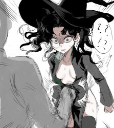 1girl 1other ? ?? amon_(lord_of_the_mysteries) beating black_cloak black_hair black_thighhighs breasts chinese_commentary cloak commentary_request genderswap genderswap_(mtf) grey_eyes hat highres kikinotamai long_hair lord_of_the_mysteries monocle open_mouth parted_bangs partially_shaded_face punching ryona simple_background small_breasts smile speech_bubble stomach_punch sweat thighhighs tongue twintails white_background witch_hat