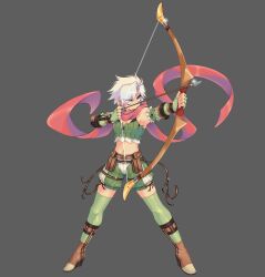 1girl absurdres arrow_(projectile) belt belt_pouch boots bow_(weapon) bra_strap breasts brown_belt brown_boots cleavage closed_mouth commentary drawing_bow elbow_gloves english_commentary fingerless_gloves full_body gloves green_gloves green_shorts green_thighhighs green_tube_top grey_background grey_hair highres holding holding_bow_(weapon) holding_weapon looking_afar medium_breasts midriff navel pouch priceofsilence ragnarok_online ranger_(ragnarok_online) red_scarf scarf short_hair shorts simple_background solo strapless thighhighs tube_top v-shaped_eyebrows weapon yellow_eyes