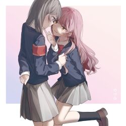 2girls armband black_socks blue_eyes blue_jacket bow bowtie brown_shoes closed_mouth collared_shirt commentary grey_hair grey_skirt inuko_(ink0425) jacket loafers long_hair multiple_girls original parted_lips pink_hair pleated_skirt red_armband red_bow red_bowtie school_uniform shirt shoes skirt smile socks white_shirt yellow_eyes yuri