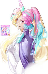 Rule 34 | 1other, absurdres, androgynous, aqua bow, aqua bowtie, aqua hair, blonde hair, bow, bowtie, bug, butterfly, cape, closed mouth, cookie run, cream unicorn cookie, curly hair, frilled sleeves, frills, from side, gtcpst, hand on own chest, hashtag-only commentary, high ponytail, highres, humanization, insect, light blush, long hair, long sleeves, looking at viewer, looking to the side, multicolored hair, other focus, parted lips, pink hair, ponytail, purple cape, purple eyes, reference inset, shirt, simple background, smile, solo, streaked hair, swept bangs, unicorn horn, upper body, very long hair, white background, white butterfly, white shirt