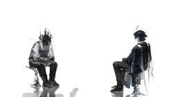 2boys apron arknights black_hair black_pants blue_hair character_request collared_shirt dongsheng looking_at_another lumen_(arknights) multiple_boys pants pointy_ears shirt simple_background sitting white_shirt