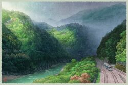 border cloud cloudy_sky commentary_request day fog landscape mugumo_24k no_humans original outdoors railroad_tracks river scenery signature sky train tree yellow_border