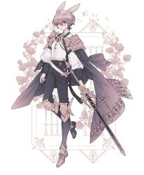 1boy animal_ears armor black_flower black_pants black_rose bracer cape chain commentary commission double-parted_bangs floral_background flower full_body gem gold_embroidery grey_eyes grey_hair holding holding_sword holding_weapon knee_armor lemon89h original pants puffy_sleeves purple_gemstone rabbit_ears rococo_movement rose shirt shirt_tucked_in shoulder_armor solo standing standing_on_one_leg sword tassel wavy_hair weapon white_shirt