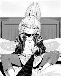 1girl agemmata animal_ear_fluff animal_ears breasts fox_ears fox_girl fox_tail greyscale hair_between_eyes hair_ornament heart heart_hair_ornament highres indoors jacket leash looking_at_viewer monochrome necktie no_bra open_clothes open_jacket open_shirt pants pants_under_skirt parted_lips phase_connect pov short_hair sitting skirt small_breasts smile solo spread_legs tail tenma_maemi tenma_maemi_(1st_costume) viewer_on_leash virtual_youtuber yes-no_pillow