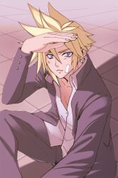 Rule 34 | 1boy, bandaid, bandaid on face, blonde hair, blue eyes, cloud strife, cloud strife (midgard seventh high school), collared shirt, delinquent, earrings, final fantasy, final fantasy vii, final fantasy vii ever crisis, gakuran, grey jacket, grey pants, hair between eyes, herzenreine, jacket, jewelry, light blush, looking at another, male focus, official alternate costume, pants, parted lips, school uniform, shading eyes, shirt, short hair, single earring, sitting, solo, spiked hair, sweatdrop, tile floor, tiles, white shirt