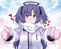 1girl black_hairband black_halo blue_archive blush bow cloud cloudy_sky commentary_request cosplay dot_nose emphasis_lines floral_background furrowed_brow hairband halo highres jacket long_hair long_sleeves looking_at_viewer mechanical_arms mittens momoi_(blue_archive) momoi_(blue_archive)_(cosplay) momoi_(winter)_(blue_archive) multicolored_jacket nose_blush parted_bangs parted_lips pink_mittens puffy_long_sleeves puffy_sleeves purple_eyes purple_hair purple_jacket reaching reaching_towards_viewer rioshi scarf scarf_bow sidelocks sky solo straight-on two_side_up upper_body white_jacket white_scarf winter_clothes yuuka_(blue_archive)