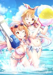Rule 34 | 1boy, 1girl, androgynous, ass, bikini, blue sky, breasts, embarrassed, fingernails, grabbing from behind, highres, looking at another, natsusora aona, natsusora wakana, navel, novady, original, shiny skin, siblings, sky, swimsuit, trap, twins, water gun, wide hips