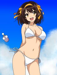 1girl :d arms_behind_back artist_logo bikini blue_sky breasts brown_eyes brown_hair cloud cowboy_shot day hairband highres logo medium_breasts navel open_mouth orange_hairband outdoors short_hair sky smile solo stomach suzumiya_haruhi suzumiya_haruhi_no_yuuutsu swimsuit white_bikini yellow_hairband yuiyu_ki
