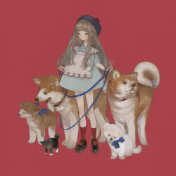 1girl animal apron beret black_hat black_shoes brown_hair dog dress full_body grey_dress hat holding holding_leash leash long_hair looking_at_another mary_janes nekosuke_(oxo) original pom_pom_(clothes) red_background red_socks shoes short_dress simple_background socks solo standing white_apron