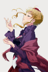 Rule 34 | 1girl, beatrice (umineko), blonde hair, closed eyes, flower, hair bun, hair flower, hair ornament, necktie, pink necktie, profile, rose, shawl, single hair bun, umineko no naku koro ni, vest, yachiwo
