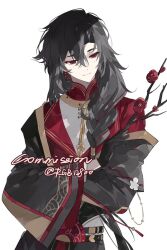1boy black_hair braid branch chinese_clothes crossed_arms earrings flower hair_between_eyes hair_over_shoulder jewelry long_hair long_sleeves looking_down male_focus multicolored_hair original plum_blossoms red_eyes red_flower rgb12800 rose single_braid smile solo white_background
