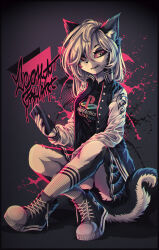 1girl 2021 absurdres ass black_panties cellphone colored_sclera converse crossed_legs demon eyebrows eyelashes female_focus furry furry_female game_console grey_fur hellhound helluva_boss highres holding holding_cellphone holding_phone jacket japanese_text lace long_hair looking_at_viewer loona_(helluva_boss) multicolored_fur mythological_creature open_clothes open_jacket open_mouth panties phone playstation_logo red_sclera shirt shoes simple_background sitting skirt smartphone socks solo sony streetwear t-shirt tweenstrip two-tone_fur underwear watermark white_eyes white_fur white_hair wolf