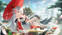 1girl absurdres ahoge bare_shoulders bird blue_eyes blue_sky blunt_bangs breasts chair cleavage cloud collarbone commentary crane_(animal) day dress eyeliner falling_petals floating_hair flower flying gold_trim hair_flower hair_ornament hair_spread_out hand_up highres holding holding_umbrella japanese_clothes kimono knee_up large_breasts light_particles long_hair looking_at_viewer lounge_chair lying makeup mountain nail_polish obi off_shoulder oil-paper_umbrella on_chair original outdoors parted_lips petals pink_nails platform_sandals red_eyeliner red_umbrella ribbon-trimmed_thighhighs ribbon_trim sandals sash sky solo sunlight tassel thighhighs thighs tree tsuru_ai_momono two-sided_dress two-sided_fabric umbrella very_long_hair white_dress white_hair white_kimono white_thighhighs wide_sleeves