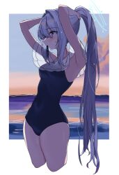 1girl absurdres armpits arms_behind_head bare_shoulders blue_archive blue_one-piece_swimsuit blush grey_hair hair_tie_in_mouth halo hattori_(omegamega1001) highres long_hair looking_ahead miyako_(blue_archive) miyako_(swimsuit)_(blue_archive) mouth_hold ocean official_alternate_costume official_alternate_hairstyle one-piece_swimsuit purple_eyes solo swimsuit tying_hair