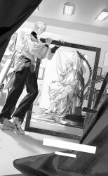 2boys 40080028157 absurdres alternate_costume antenna_hair black_pants black_shirt braid canvas_(object) ceiling_light chinese_commentary commentary_request easel full_body gloves greyscale highres holding holding_mirror honkai:_star_rail honkai_(series) male_focus medium_hair mirror monochrome multiple_boys mydei_(honkai:_star_rail) painting_(object) pants phainon_(honkai:_star_rail) plant potted_plant robe shirt shoes short_hair side_braid sitting sneakers turtleneck white_robe white_shirt