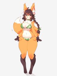 1girl :3 ahoge animal_ear_fluff animal_ears animal_feet animal_hands animal_nose bikini blush bow braid breasts brown_fur brown_hair closed_mouth dot_mouth floral_print_bikini fox_ears fox_girl fox_tail full_body furry furry_female green_bikini green_bow green_eyes hair_between_eyes hair_bow highres large_breasts long_hair looking_to_the_side multicolored_fur navel neck_fur orange_fur original simple_background single_braid solo standing swimsuit tail thick_thighs thighs toconikky white_background white_fur
