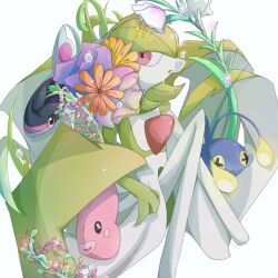 Rule 34 | artist name, blue skin, bob cut, chinchou, colored skin, dress, finneon, flower, gardevoir, gen 2 pokemon, gen 3 pokemon, gen 4 pokemon, green hair, green skin, hair over one eye, highres, ktbr 2, luvdisc, multicolored skin, nintendo, pink eyes, pink skin, pokemon, pokemon (creature), two-tone skin, white background, white dress, white skin
