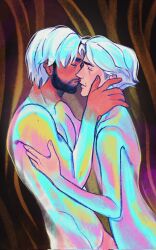2boys arcane:_league_of_legends arcane_jayce beard closed_eyes colored_skin colorful commentary completely_nude couple cowboy_shot facial_hair gatorix1 hand_on_another&#039;s_neck hand_on_another&#039;s_shoulder hashtag-only_commentary highres imminent_kiss jayce_(league_of_legends) league_of_legends male_focus multiple_boys nude official_alternate_hair_color parted_lips viktor_(arcane) viktor_(league_of_legends) white_hair yaoi