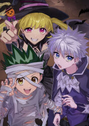 1girl 2boys absurdres bandaged_arm bandaged_chest bandaged_head bandages bat_(animal) biscuit_krueger black_hat blonde_hair blue_eyes candy fingernails food gon_freecss green_hair grin hat highres holding holding_another&#039;s_wrist holding_candy holding_food hunter_x_hunter jewelry killua_zoldyck long_fingernails looking_at_viewer multiple_boys open_mouth pink_nails purple_eyes re_tae44 ring smile teeth upper_teeth_only white_hair witch_hat yellow_eyes