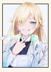 1girl aizawa_ema aqua_hair aqua_nails bare_shoulders blonde_hair blue_eyes gradient_hair grin highres long_hair looking_at_viewer multicolored_hair nail_polish off-shoulder_shirt off_shoulder official_alternate_costume one_eye_covered parted_bangs pointy_hair portrait shirt simple_background single_bare_shoulder smile solo temari_maco v v_over_mouth virtual_youtuber vspo!