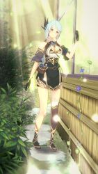 3d absurdres blue_hair breasts cleavage ellenlaire etain_(mabinogi) green_eyes highres koikatsu_(medium) low_ponytail mabinogi ponytail single_thighhigh thighhighs