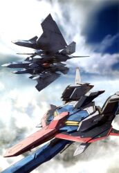 anaheim_electronics beam_cannon blue_sky cloud cloudy_sky commentary_request day flying gundam hambrabi highres mecha mecha_focus mobile_suit no_humans official_art original outdoors redesign robot scan science_fiction sky spacecraft starfighter third-party_source washio_naohiro wave_rider zeta_gundam zeta_gundam_(mobile_suit)