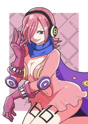 1girl blue_eyes border breasts cleavage commentary_request dress gloves hair_over_one_eye headphones hi_ina highres long_sleeves looking_at_viewer medium_hair one_piece pink_background pink_dress pink_gloves pink_hair short_dress smile solo vinsmoke_reiju white_border